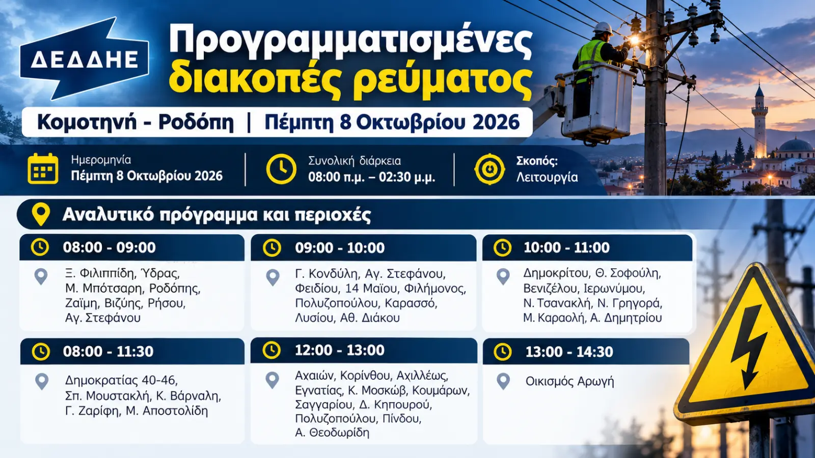Προγραμματισμένες διακοπές ρεύματος την Πέμπτη σε Κομοτηνή και Αρωγή