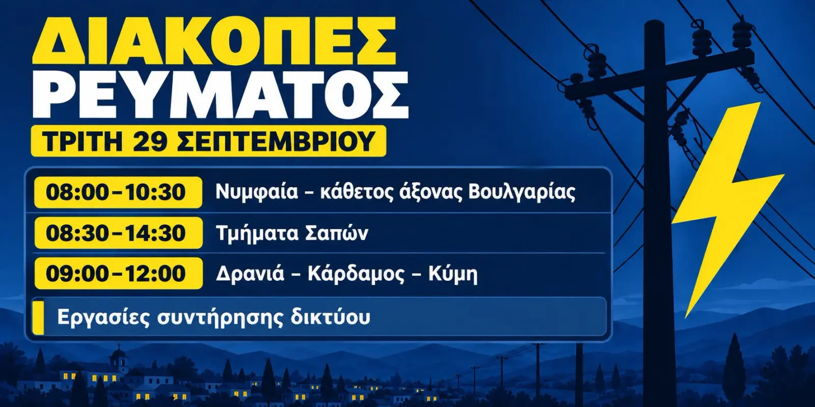 Διακοπές ρεύματος την Τρίτη σε περιοχές της Ροδόπης